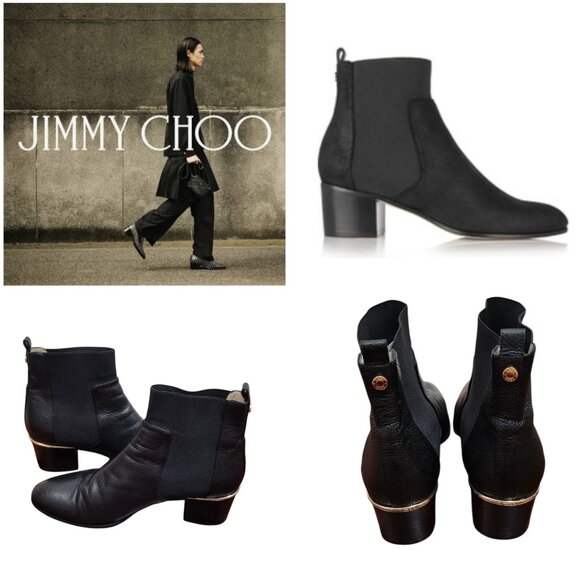 Jimmy Choo Black Leather Chelsea Ankle Boots US10/EU41 Gold Heel Accent Slip-On - Picture 1 of 16